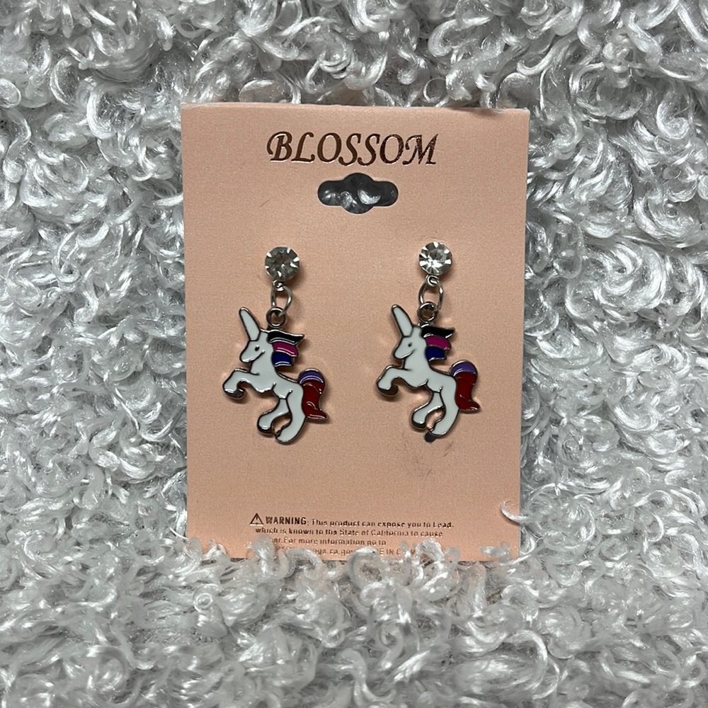 Unicorn enamel rhinestone embellished dangle whimsical earrings